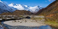 bridge, peaks, snow, scotland, water, glen shiel,